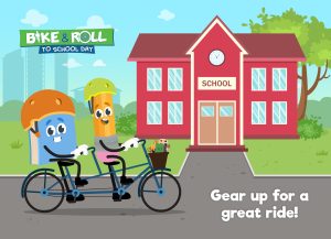 Cartoon depicting a book and pencil biking in front of a school for BR2SD