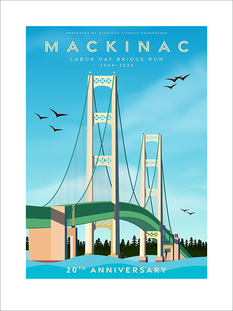Bridge Run 20 year poster showcasing the Mackinac Bridge