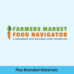 Farmers Market Food Navigator logo on light blue background, with a darker blue background at bottom with the words, Plus Branded Materials, in it.