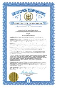 Image of Michigan Moves Month proclamation on official letterhead, with seal and signature from Governor Gretchen Whitmer
